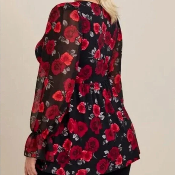 Torrid Floral V-Neck Chiffon Blouse - Red and Black - size 1 (14/16) - Picture 2 of 12